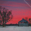 Pink Sunset Barn Snow Diamond Painting