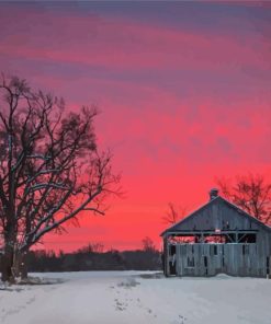 Pink Sunset Barn Snow Diamond Painting
