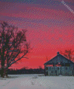 Pink Sunset Barn Snow Diamond Painting