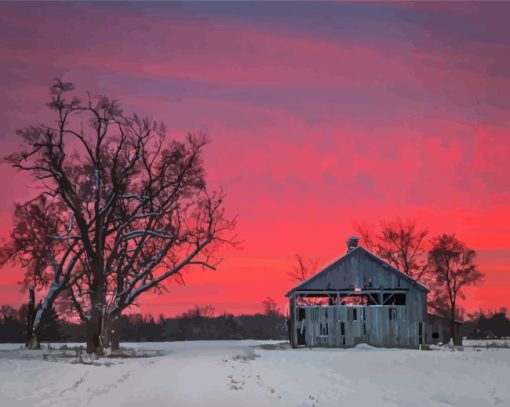 Pink Sunset Barn Snow Diamond Painting