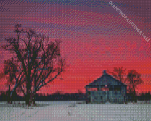 Pink Sunset Barn Snow Diamond Painting