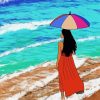 Woman With Umbrella On Beach Diamond Painting