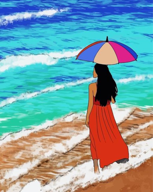 Woman With Umbrella On Beach Diamond Painting