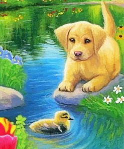 Dog And Little Duck Diamond Painting