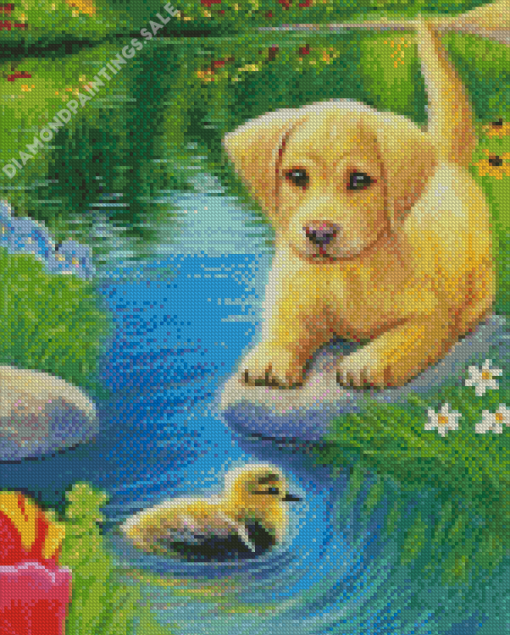 Dog And Little Duck Diamond Painting