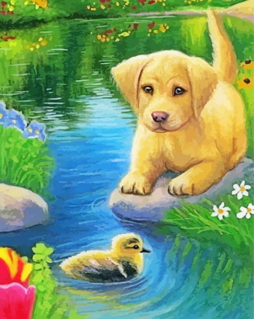 Dog And Little Duck Diamond Painting