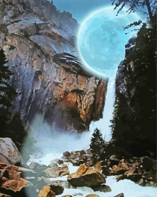 Moonlight Waterfall Rocks Diamond Painting