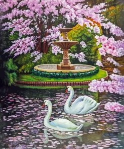 Cherry Tree And Swans Diamond Painting