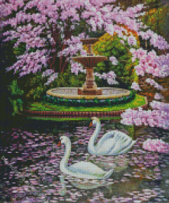 Cherry Tree And Swans Diamond Painting