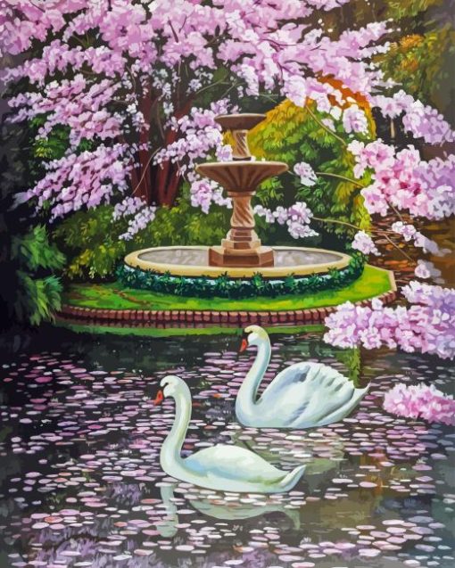 Cherry Tree And Swans Diamond Painting