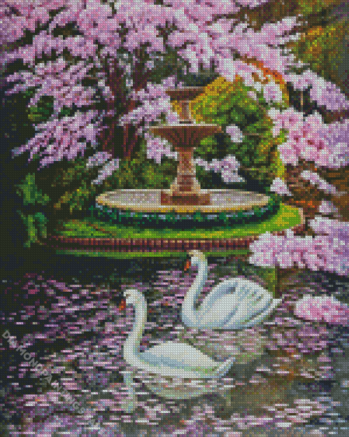 Cherry Tree And Swans Diamond Painting