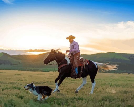 Cowboy On Horse With Dog Diamond Painting