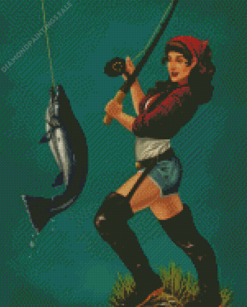 Girl Fishing Vintage Art Diamond Painting