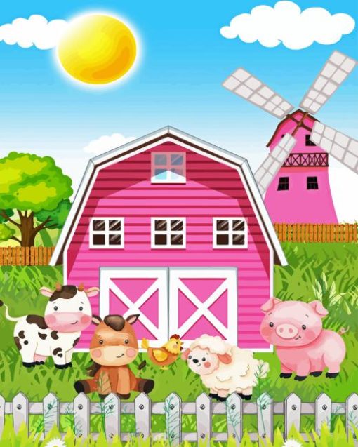 Pink Farm Barn Diamond Painting