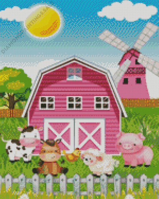 Pink Farm Barn Diamond Painting