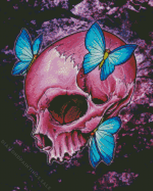 Pink Skull And Butterflies Diamond Painting