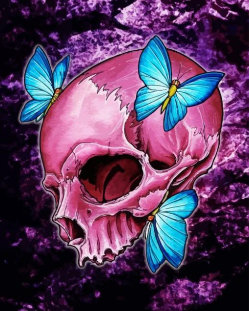 Pink Skull And Butterflies Diamond Painting