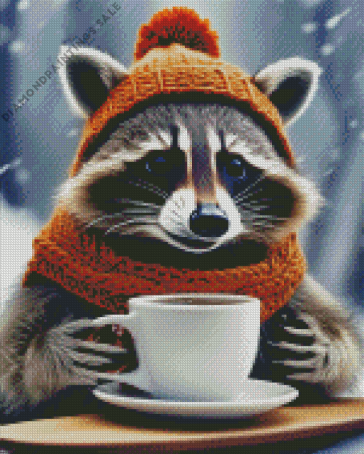 Raccoon With Coffee Diamond Painting