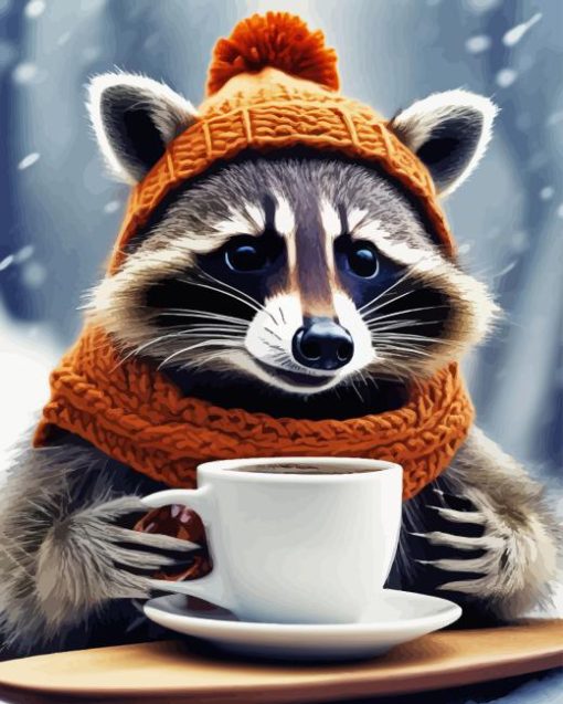 Raccoon With Coffee Diamond Painting