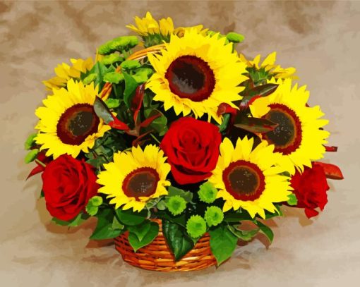 Red Roses With Sunflowers Diamond Painting