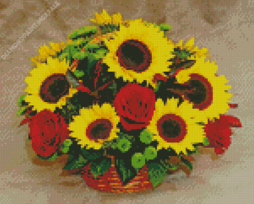 Red Roses With Sunflowers Diamond Painting