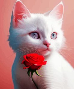 Rose And White Cat Diamond Painting