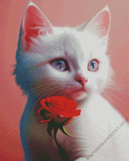 Rose And White Cat Diamond Painting