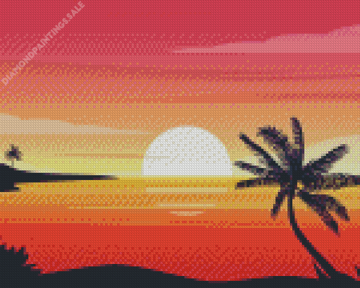 Sunrise On Beach With Palm Diamond Painting