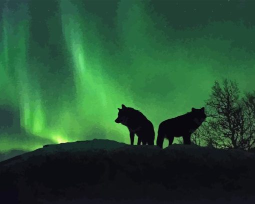 Wolves Silhouette in Northern Lights Diamond Painting