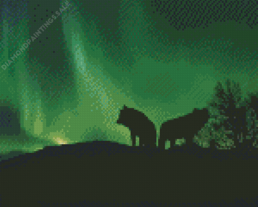 Wolves Silhouette in Northern Lights Diamond Painting