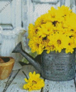 Yellow Flowers In Watering Pail Diamond Painting