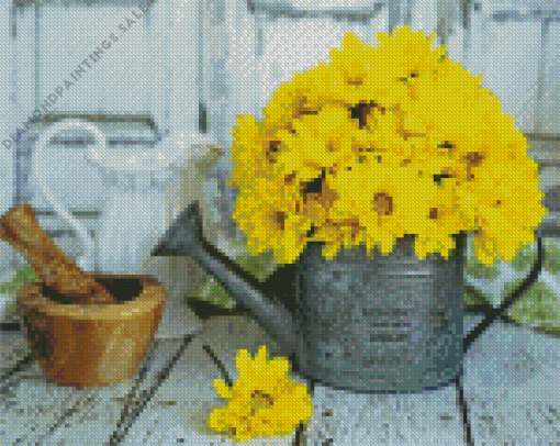 Yellow Flowers In Watering Pail Diamond Painting