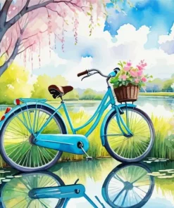 Blue Bike Water Reflection Diamond Painting