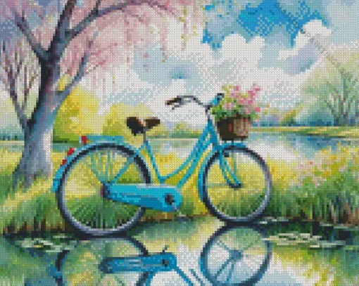 Blue Bike Water Reflection Diamond Painting