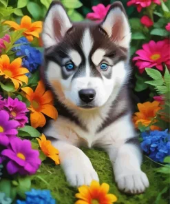 Blue Eyes Husky And Flowers Diamond Painting