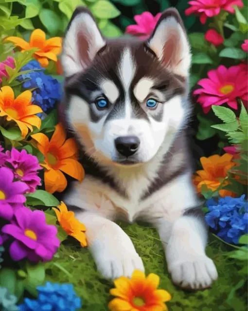 Blue Eyes Husky And Flowers Diamond Painting