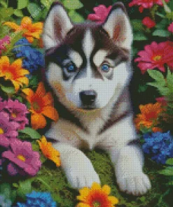 Blue Eyes Husky And Flowers Diamond Painting