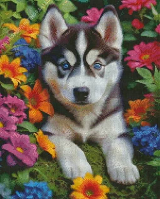 Blue Eyes Husky And Flowers Diamond Painting
