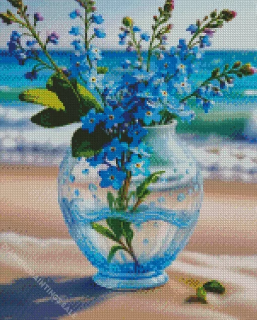 Flowers In Blue Glass Vase Diamond Painting