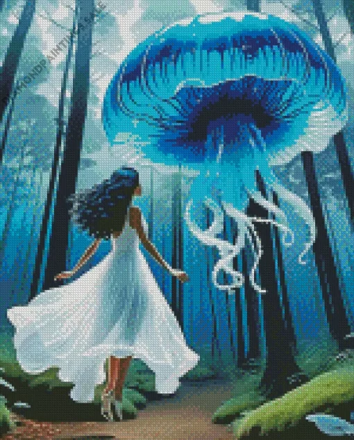 Girl And Blue Jellyfish Diamond Painting