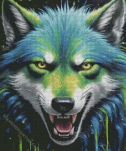 Splatter Blue And Green Wolf Diamond Painting