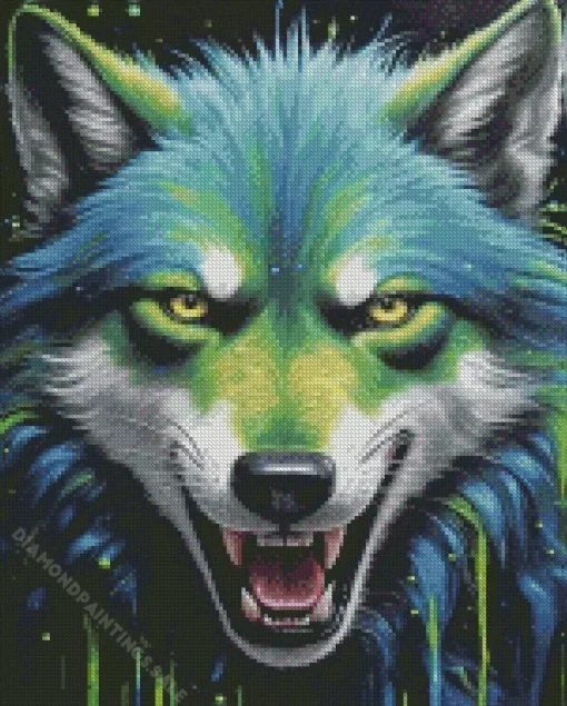 Splatter Blue And Green Wolf Diamond Painting