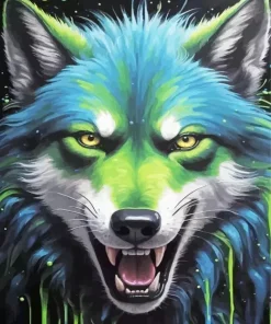 Splatter Blue And Green Wolf Diamond Painting