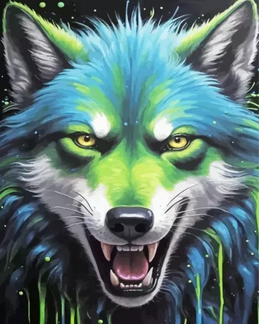 Splatter Blue And Green Wolf Diamond Painting