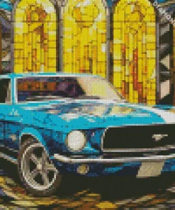 Stained Glass Blue 60s Mustang Diamond Painting