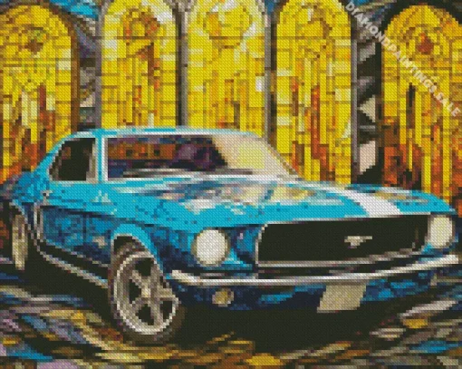 Stained Glass Blue 60s Mustang Diamond Painting