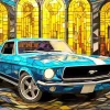 Stained Glass Blue 60s Mustang Diamond Painting