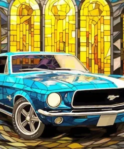 Stained Glass Blue 60s Mustang Diamond Painting