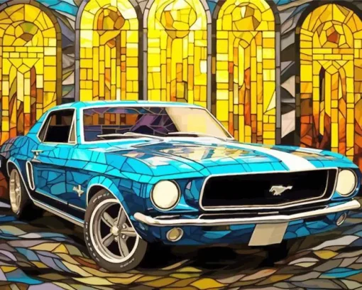 Stained Glass Blue 60s Mustang Diamond Painting