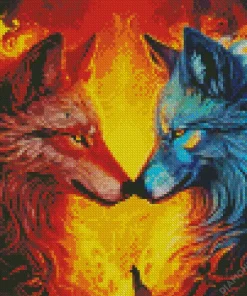 Blue And Red Fire Wolf Diamond Painting
